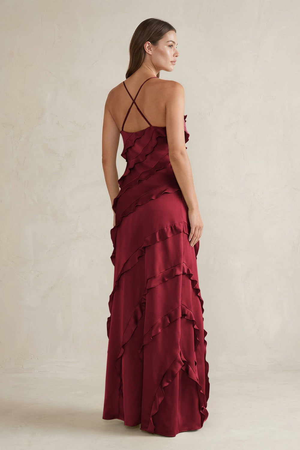 Spaghetti Straps Sheath Stain Ruffled Bridesmaid Dress in Burgundy