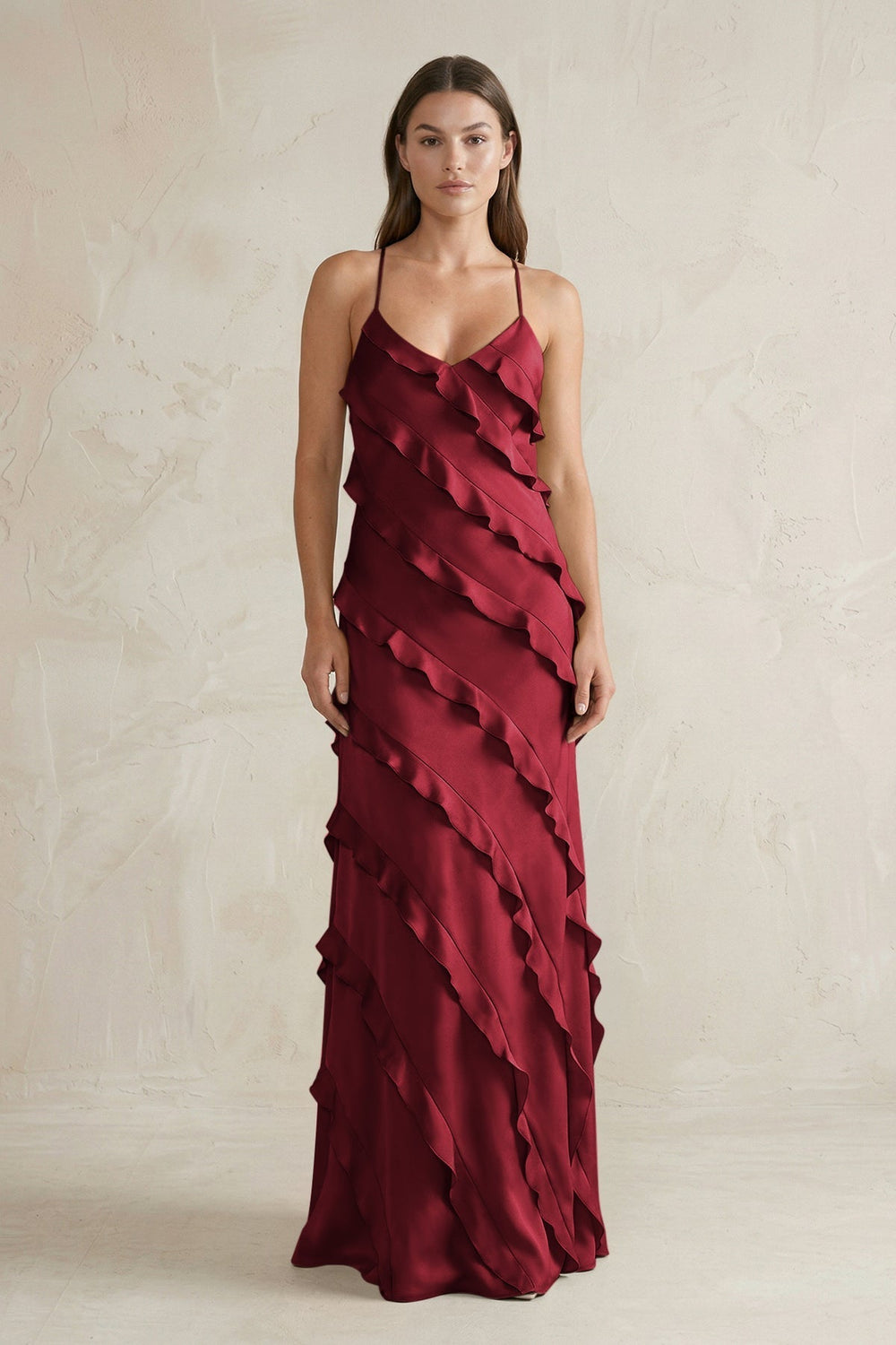 Spaghetti Straps Sheath Stain Ruffled Bridesmaid Dress in Burgundy