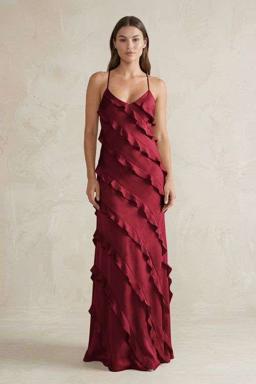 Spaghetti Straps Sheath Stain Ruffled Bridesmaid Dress in Burgundy - KISS BRIDAL Bridesmaid Dresses