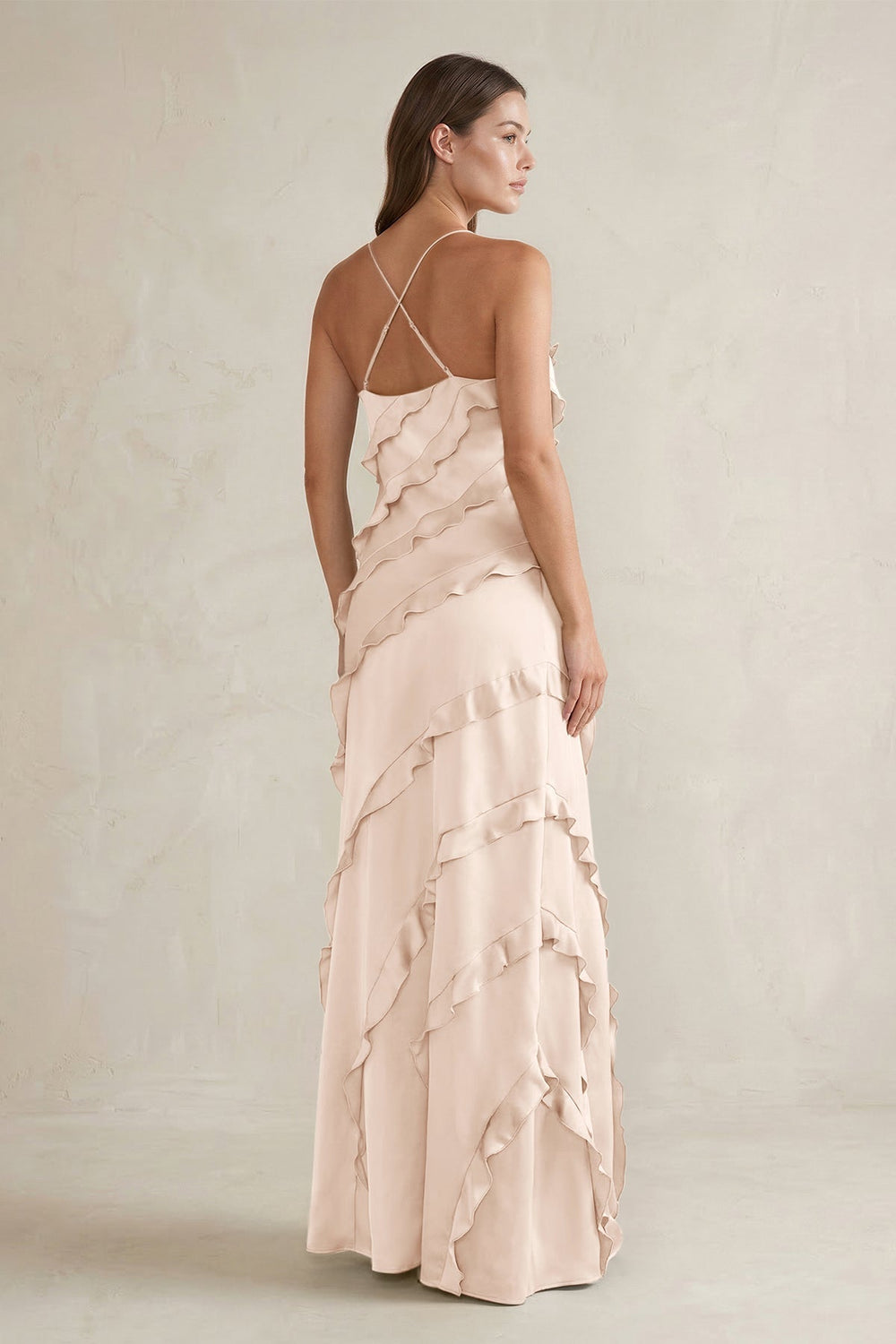 Spaghetti Straps Sheath Stain Ruffled Bridesmaid Dress in Buttercream