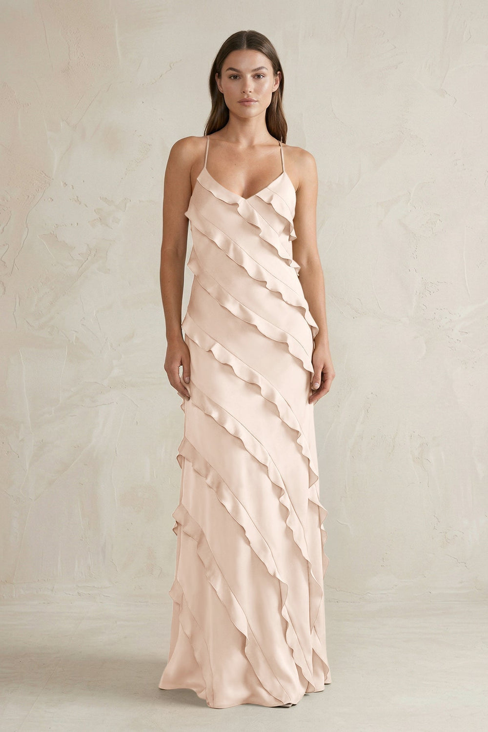 Spaghetti Straps Sheath Stain Ruffled Bridesmaid Dress in Buttercream