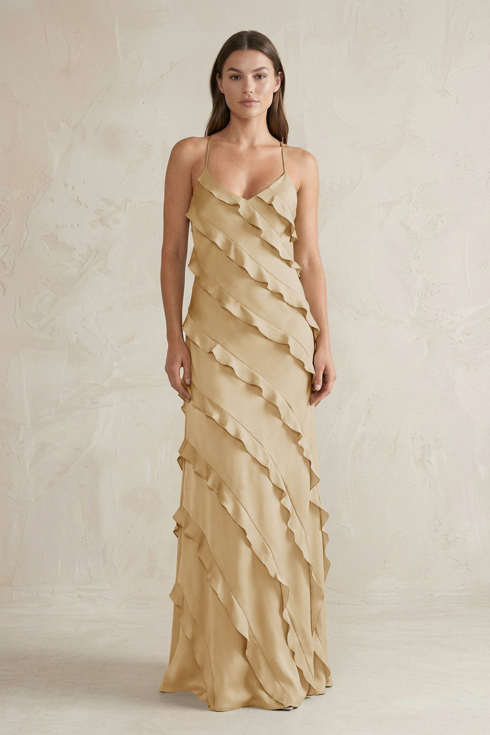 Spaghetti Straps Sheath Stain Ruffled Bridesmaid Dress in Champagne