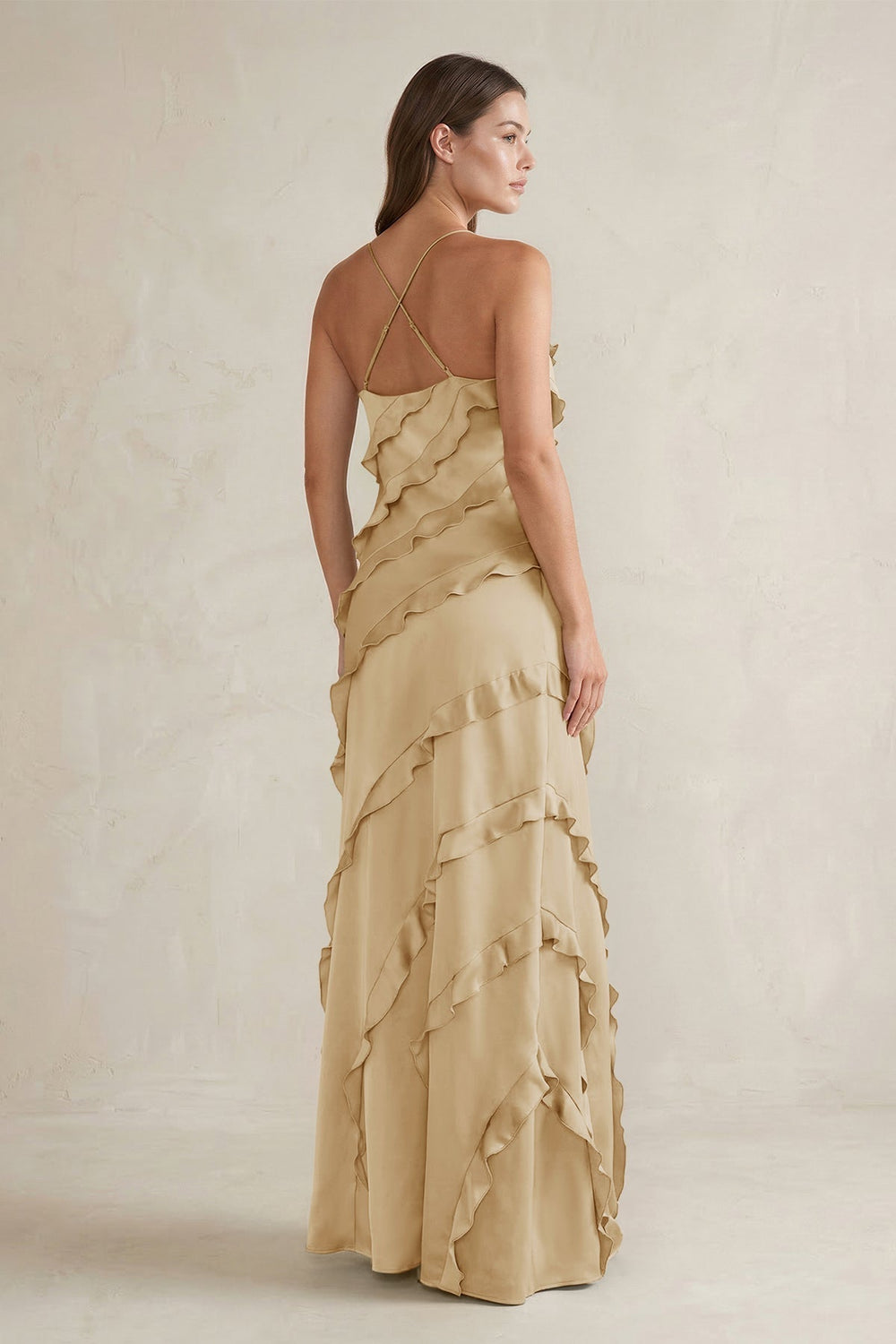 Spaghetti Straps Sheath Stain Ruffled Bridesmaid Dress in Champagne