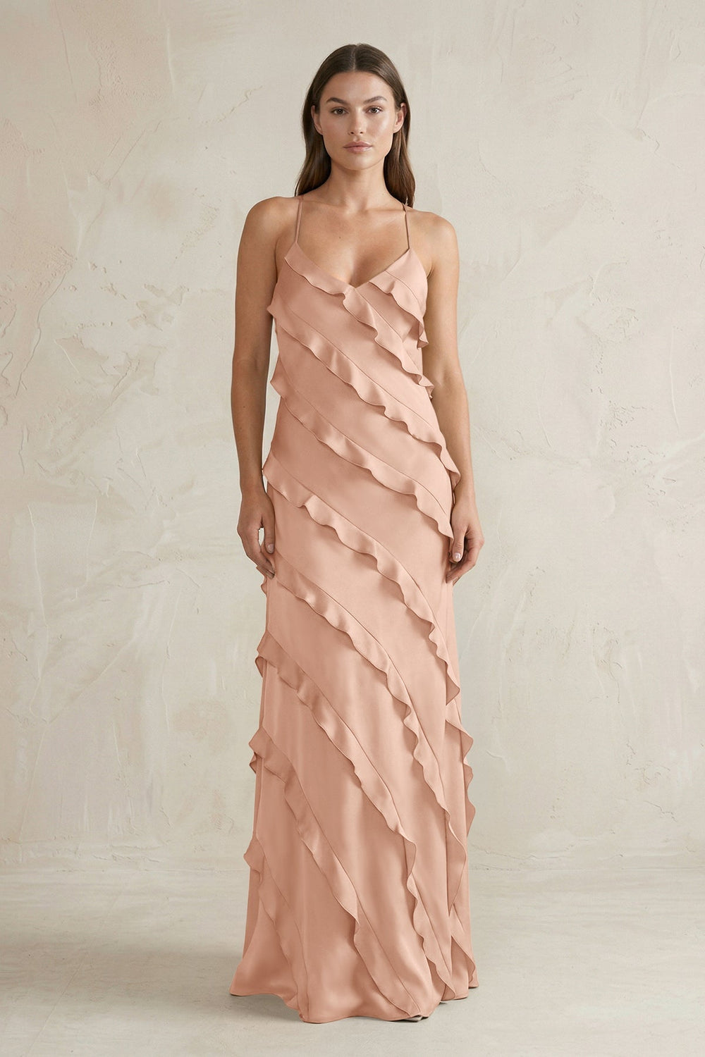 Spaghetti Straps Sheath Stain Ruffled Bridesmaid Dress in Champagne Rose