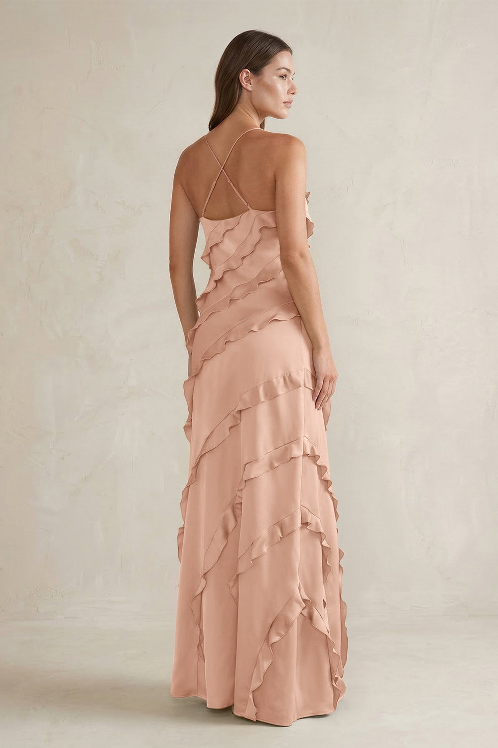 Spaghetti Straps Sheath Stain Ruffled Bridesmaid Dress in Champagne Rose