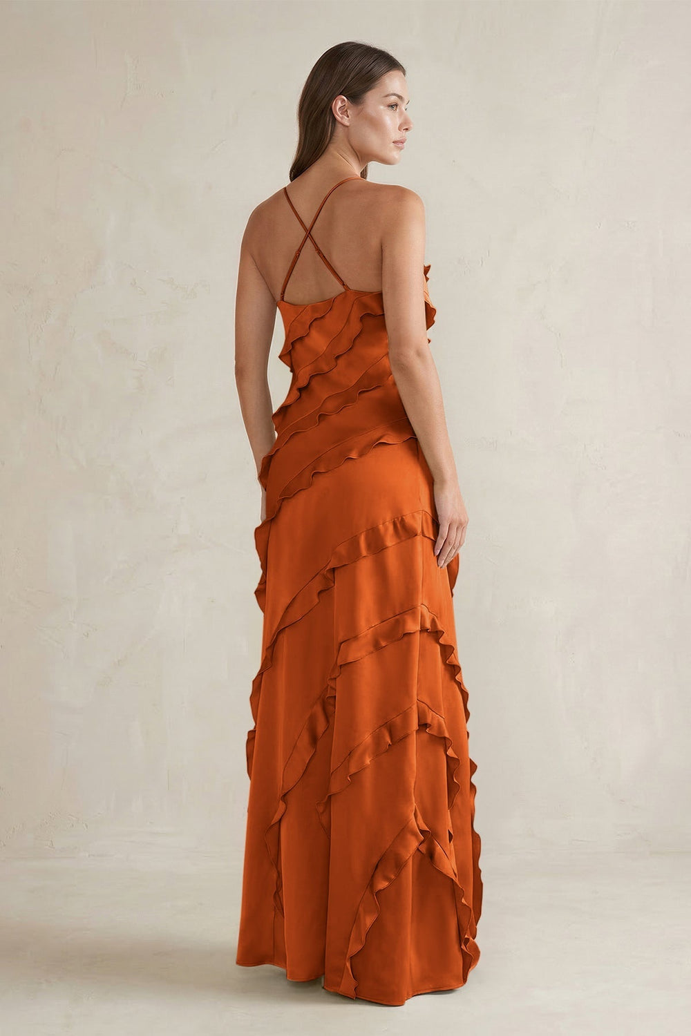 Spaghetti Straps Sheath Stain Ruffled Bridesmaid Dress in Cinnamon