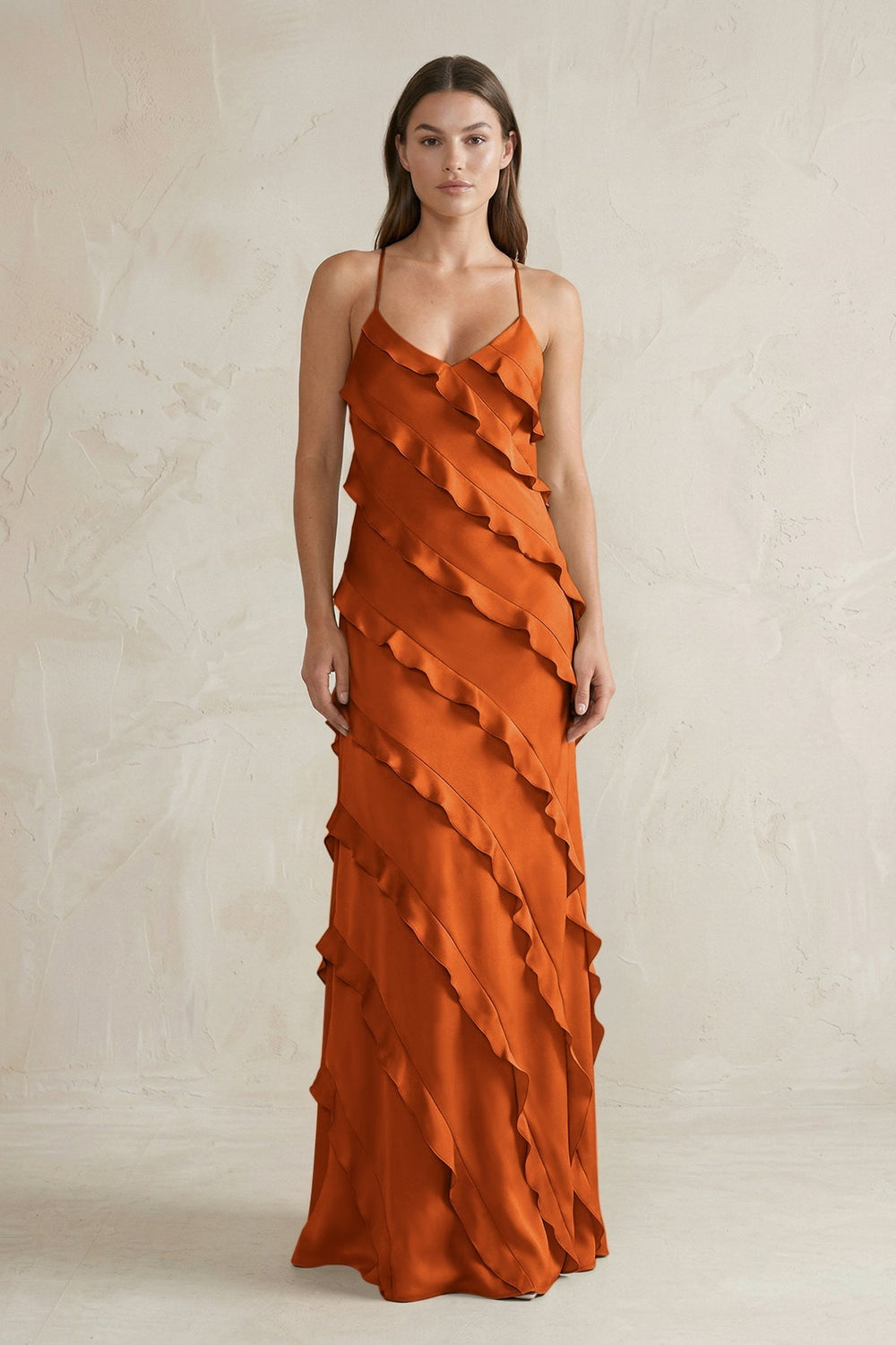 Spaghetti Straps Sheath Stain Ruffled Bridesmaid Dress in Cinnamon
