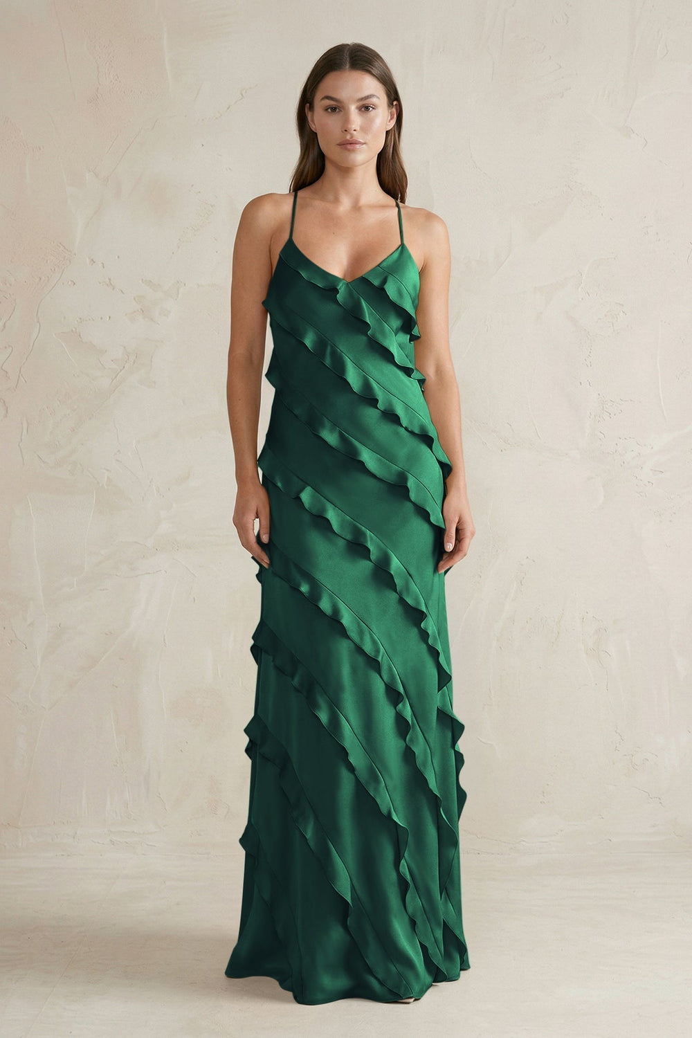 Spaghetti Straps Sheath Stain Ruffled Bridesmaid Dress in Dark Green
