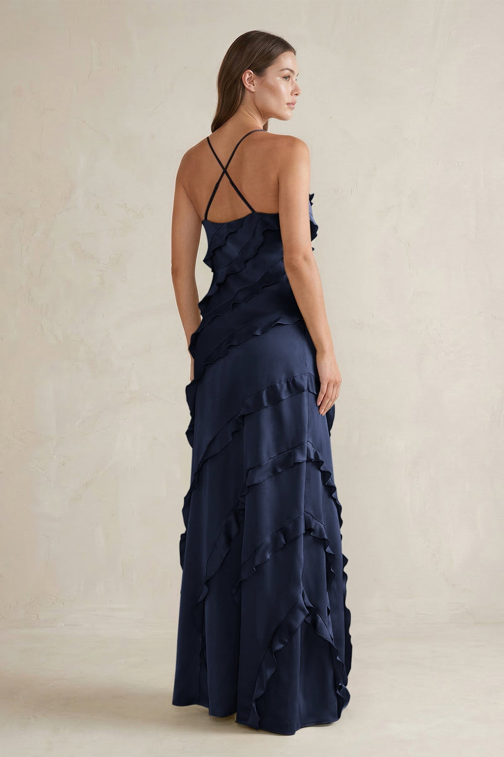 Spaghetti Straps Sheath Stain Ruffled Bridesmaid Dress in Dark Navy