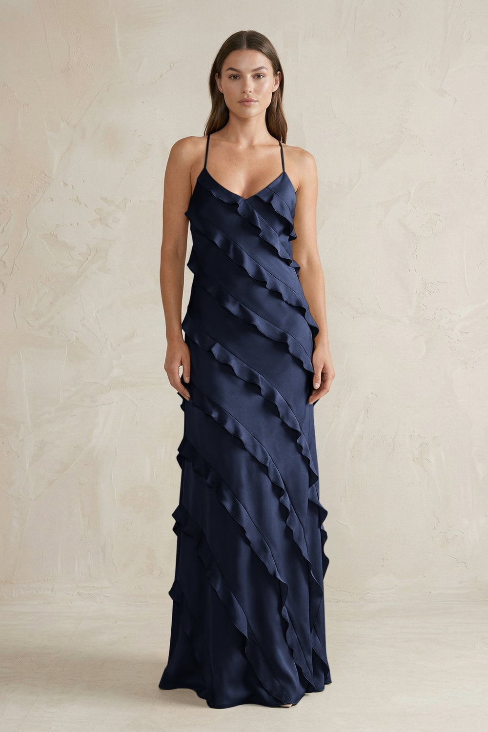 Spaghetti Straps Sheath Stain Ruffled Bridesmaid Dress in Dark Navy