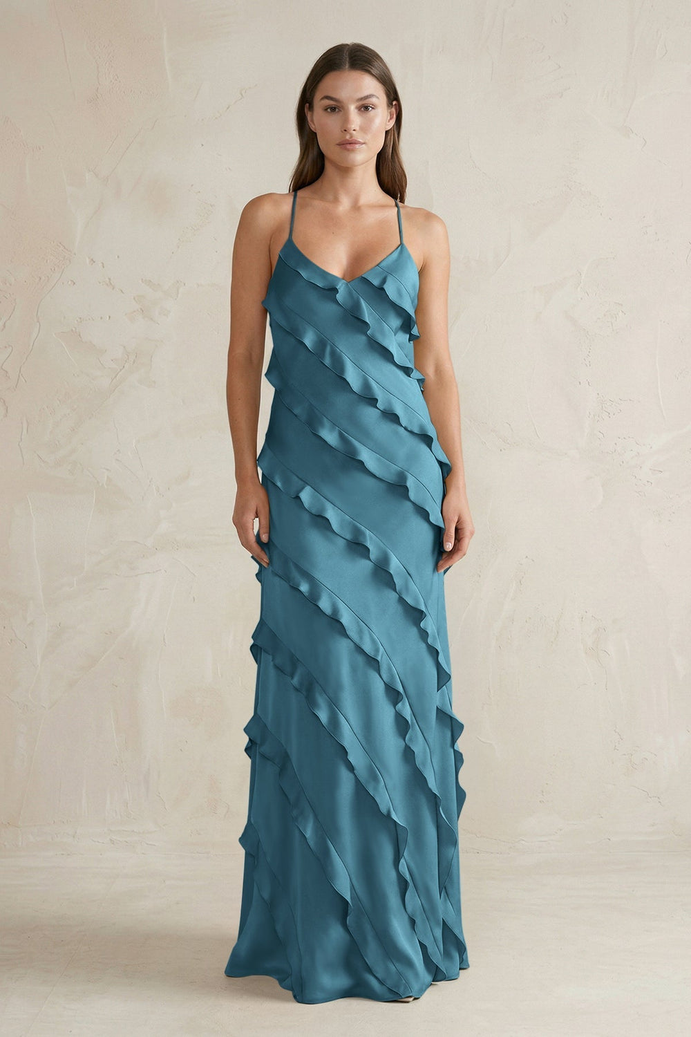 Spaghetti Straps Sheath Stain Ruffled Bridesmaid Dress in Dark Teal