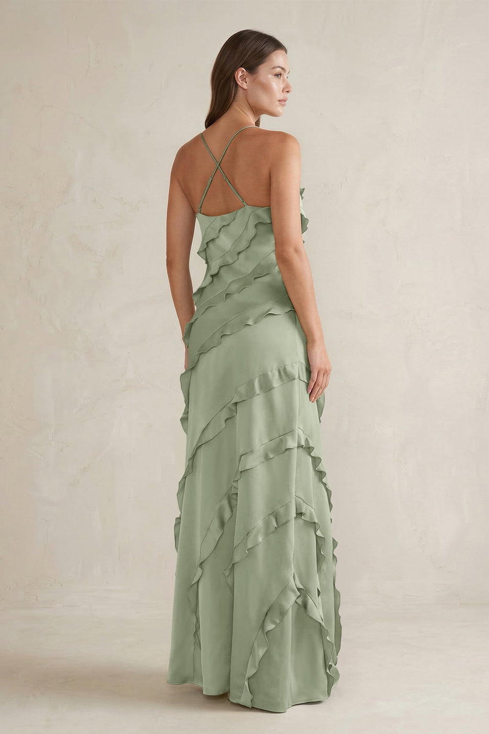 Spaghetti Straps Sheath Stain Ruffled Bridesmaid Dress in Dove Gray