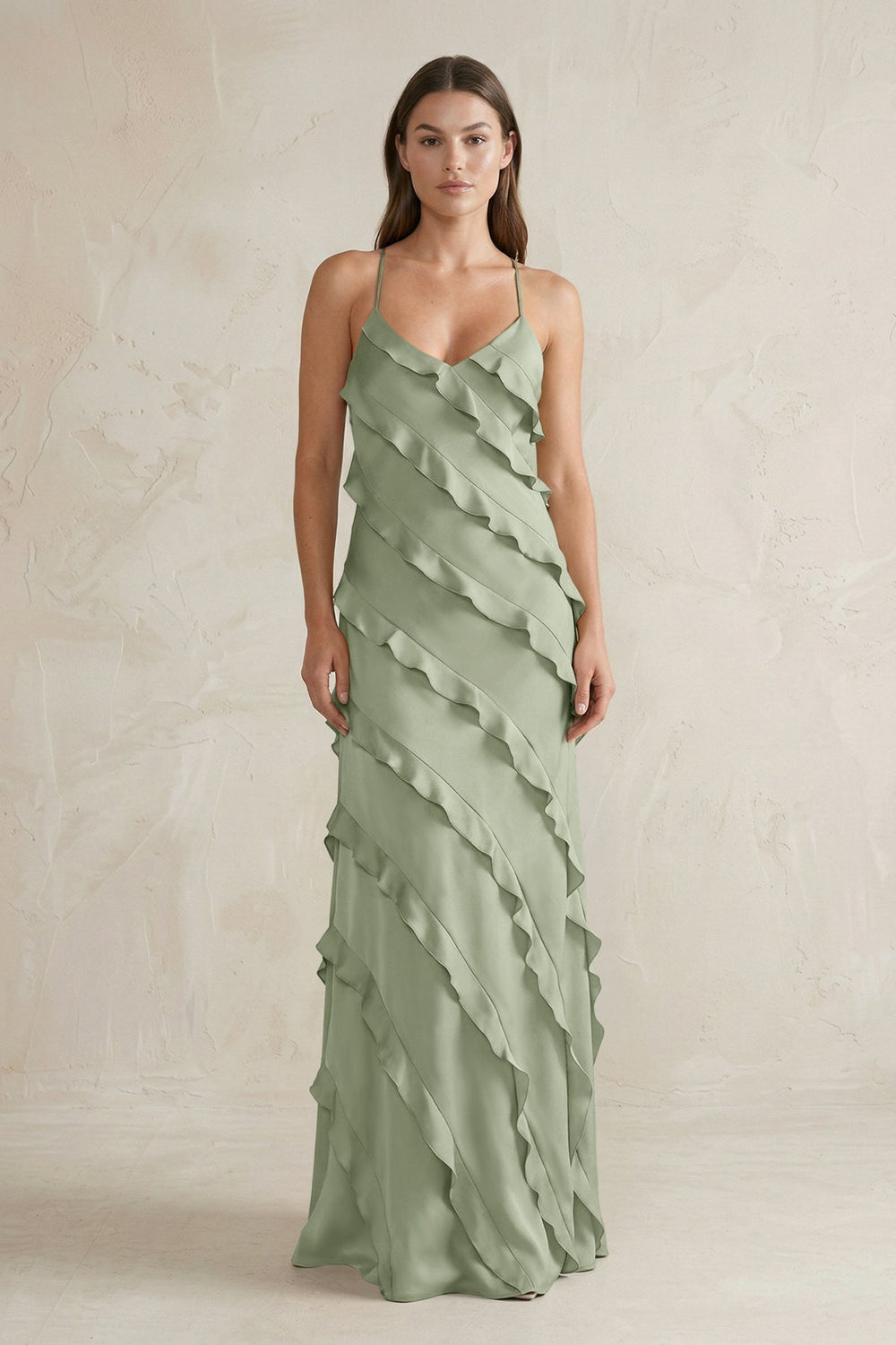 Spaghetti Straps Sheath Stain Ruffled Bridesmaid Dress in Dove Gray