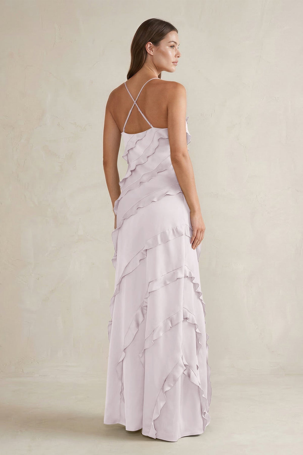 Spaghetti Straps Sheath Stain Ruffled Bridesmaid Dress in Dusk