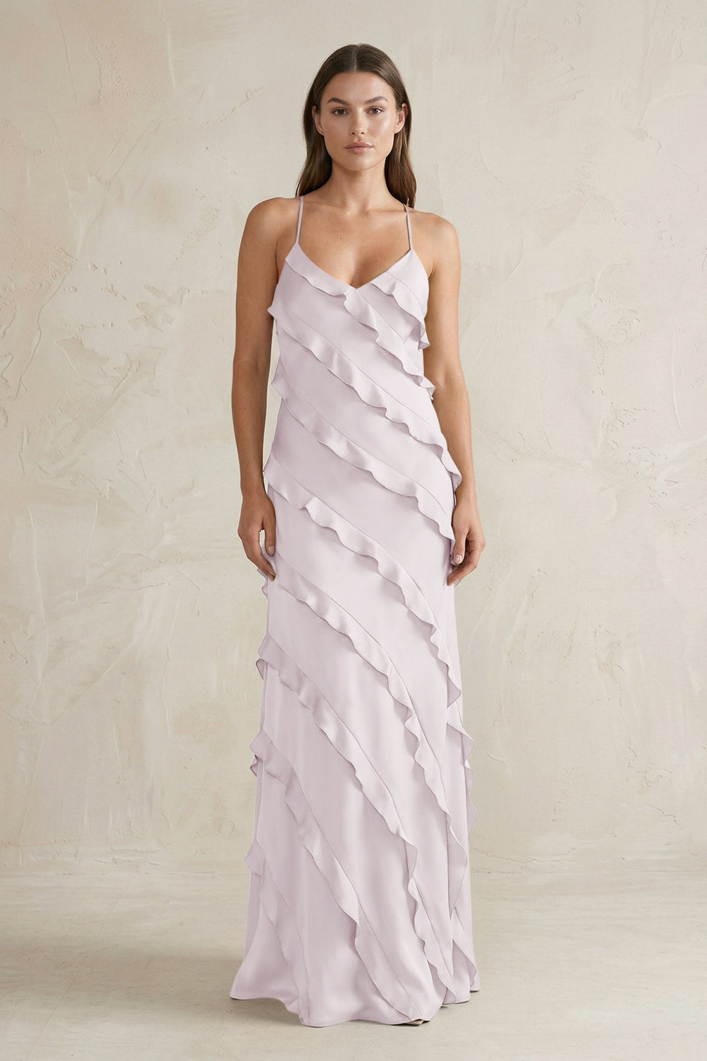 Spaghetti Straps Sheath Stain Ruffled Bridesmaid Dress in Dusk