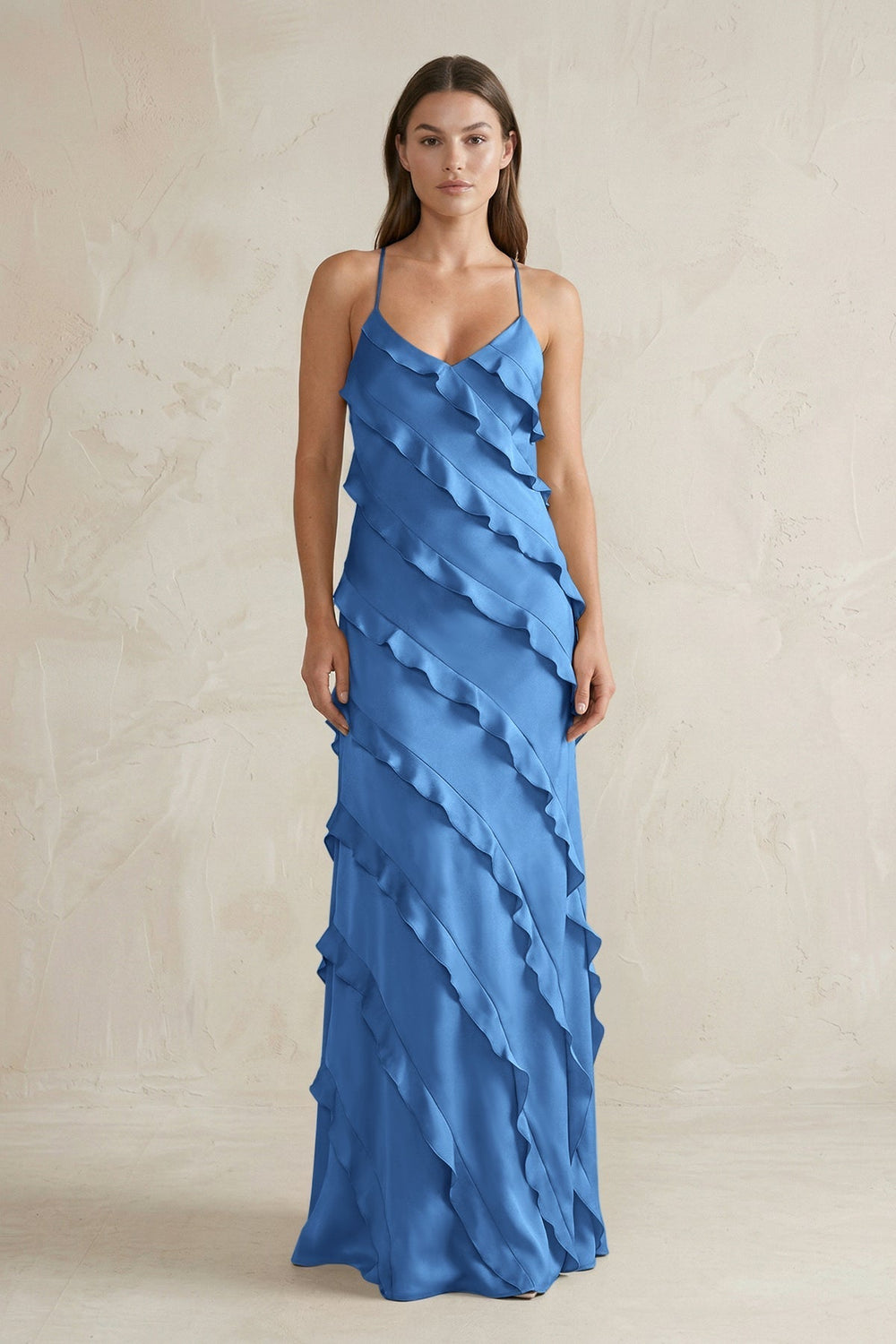 Spaghetti Straps Sheath Stain Ruffled Bridesmaid Dress in Dusty Blue