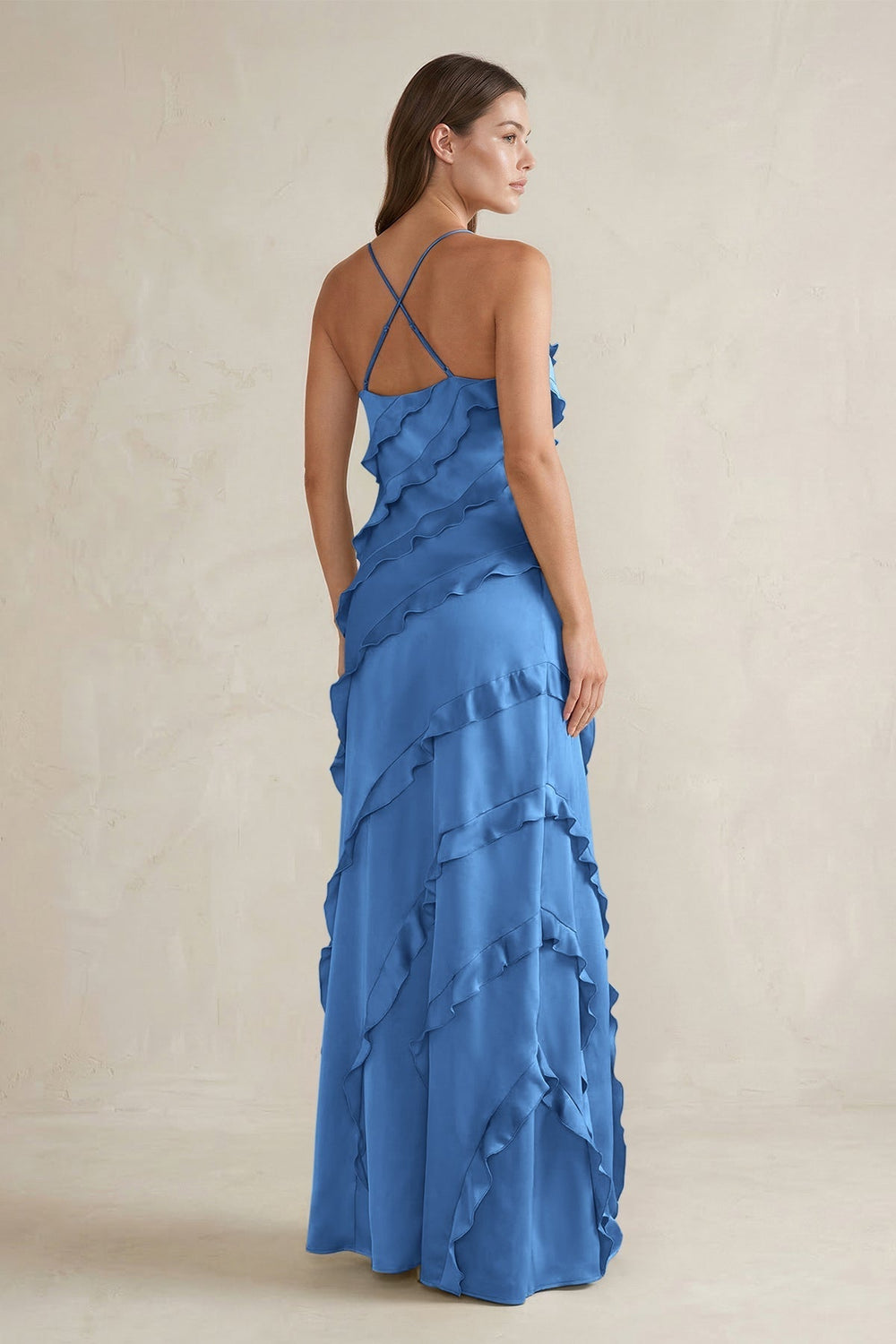 Spaghetti Straps Sheath Stain Ruffled Bridesmaid Dress in Dusty Blue