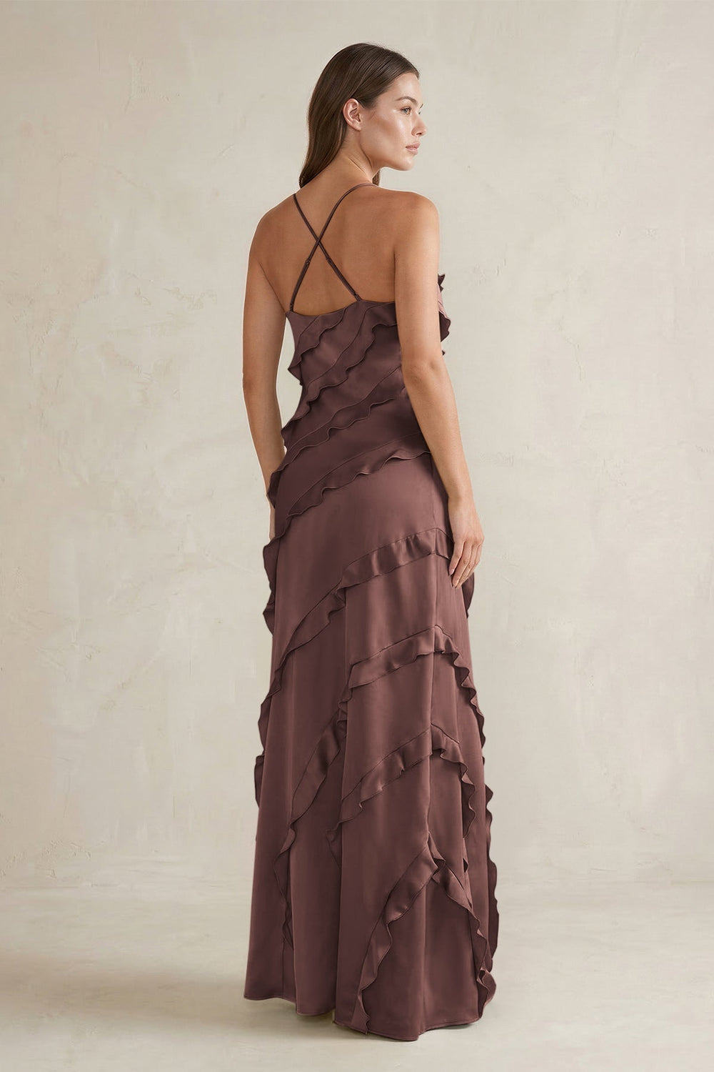 Spaghetti Straps Sheath Stain Ruffled Bridesmaid Dress in Espresso