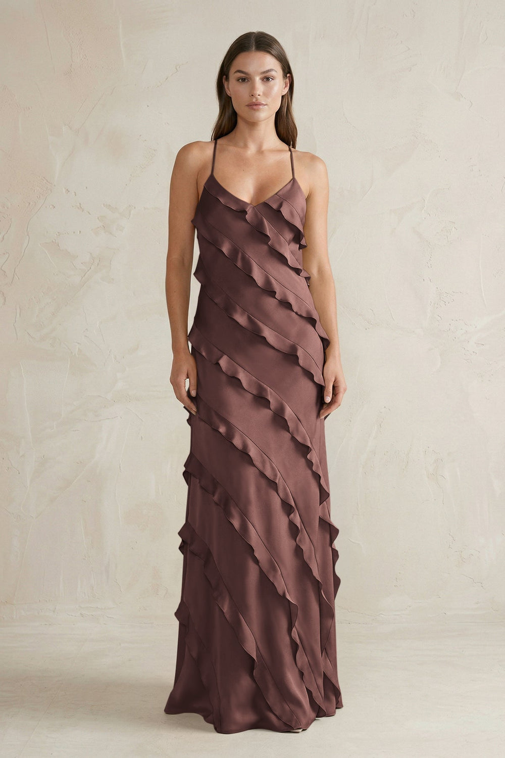 Spaghetti Straps Sheath Stain Ruffled Bridesmaid Dress in Espresso