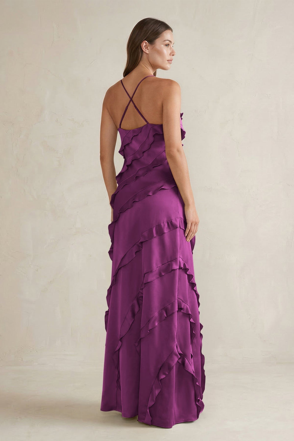 Spaghetti Straps Sheath Stain Ruffled Bridesmaid Dress in Fig