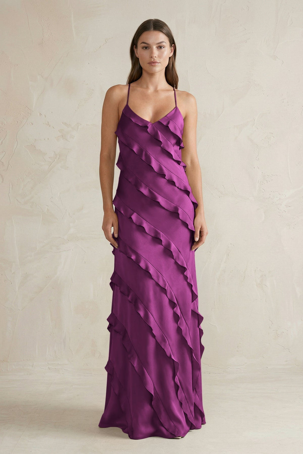 Spaghetti Straps Sheath Stain Ruffled Bridesmaid Dress in Fig