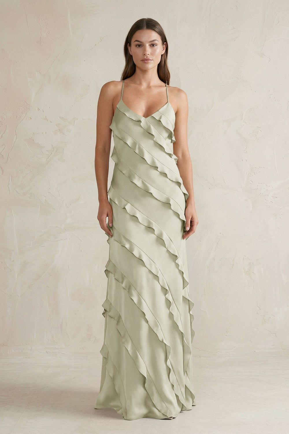 Spaghetti Straps Sheath Stain Ruffled Bridesmaid Dress in Frost