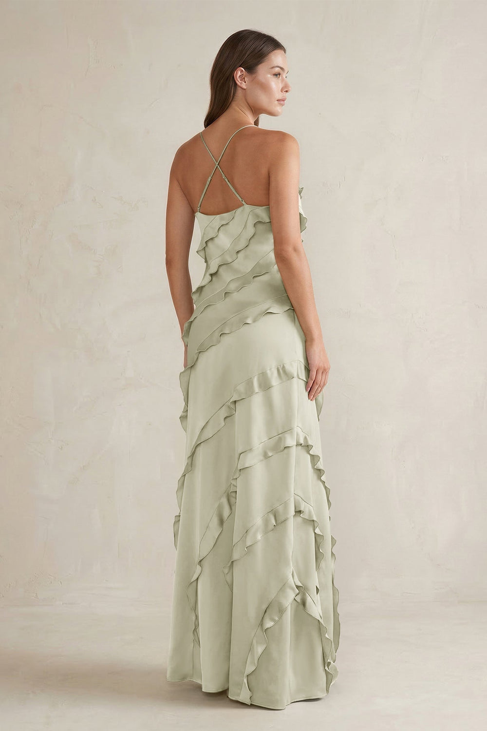 Spaghetti Straps Sheath Stain Ruffled Bridesmaid Dress in Frost