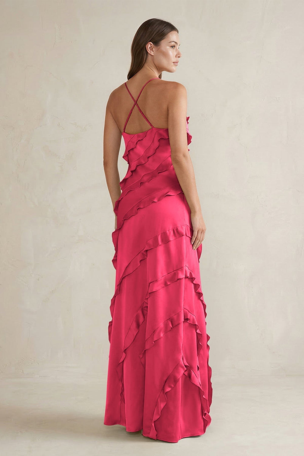 Spaghetti Straps Sheath Stain Ruffled Bridesmaid Dress in Fuchsia
