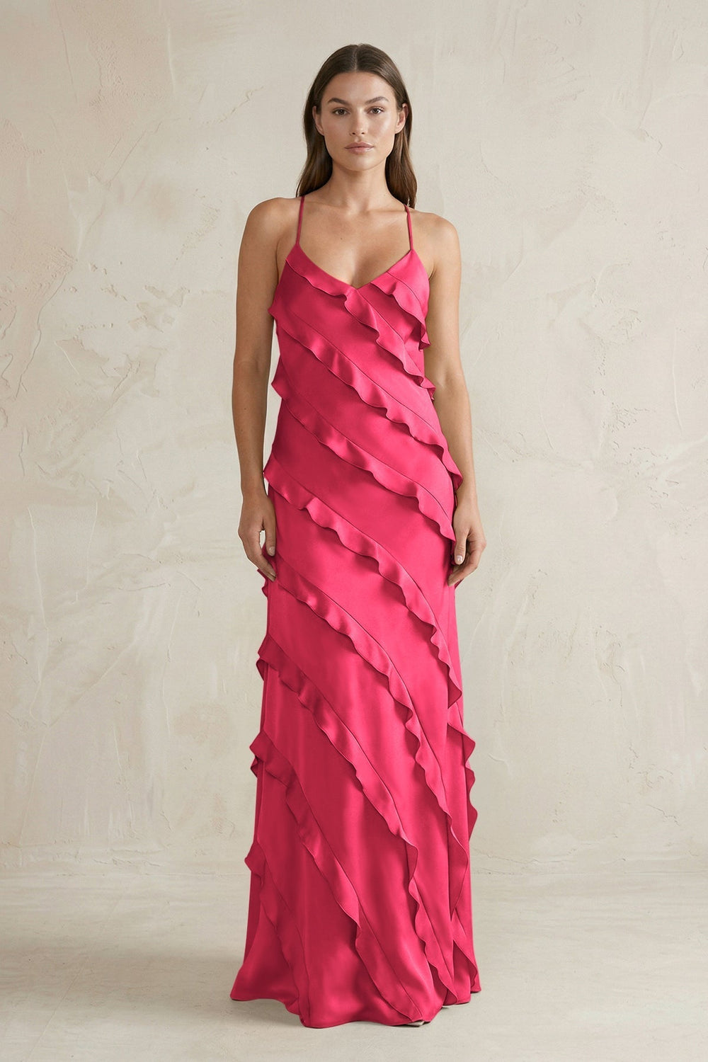 Spaghetti Straps Sheath Stain Ruffled Bridesmaid Dress in Fuchsia