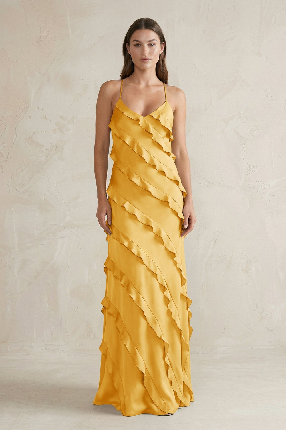 Spaghetti Straps Sheath Stain Ruffled Bridesmaid Dress in Gold
