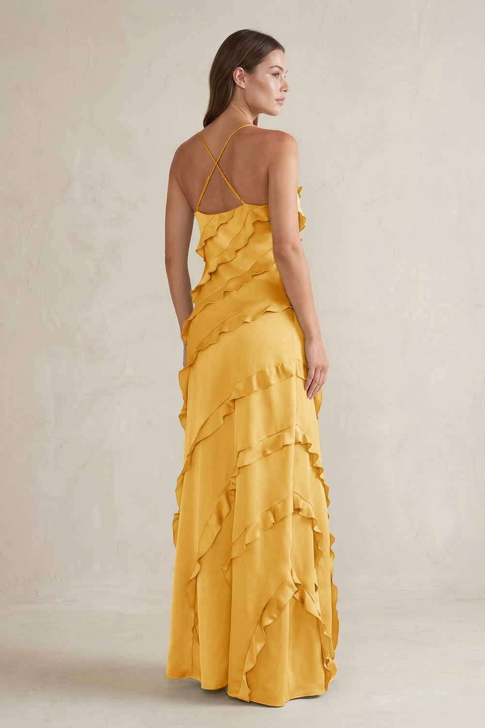 Spaghetti Straps Sheath Stain Ruffled Bridesmaid Dress in Gold