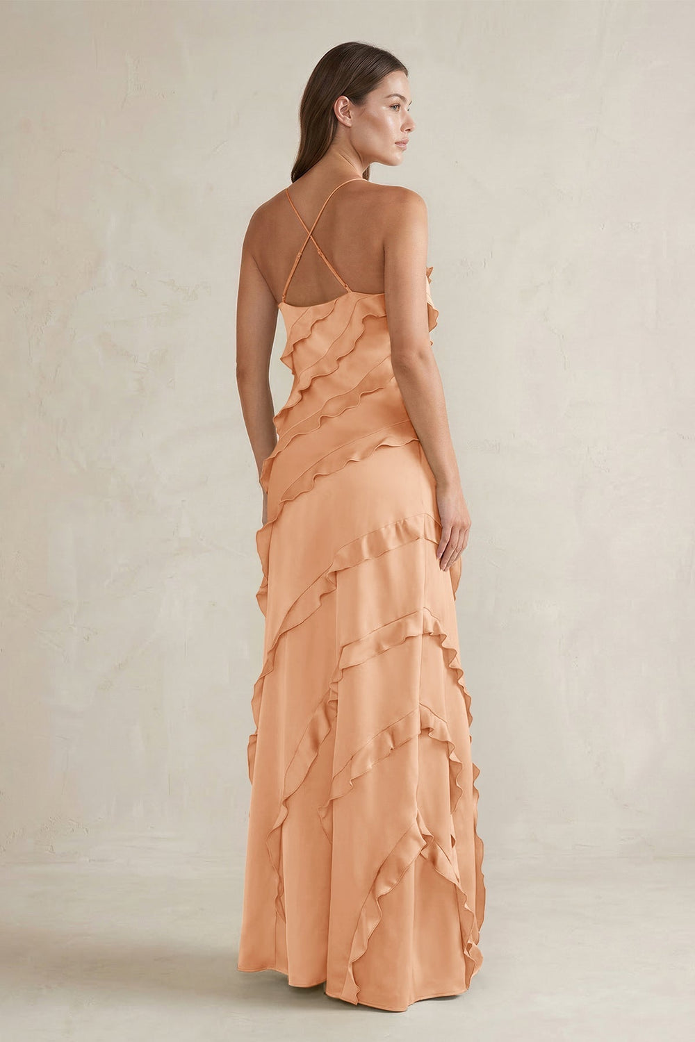Spaghetti Straps Sheath Stain Ruffled Bridesmaid Dress in Golden Champagne