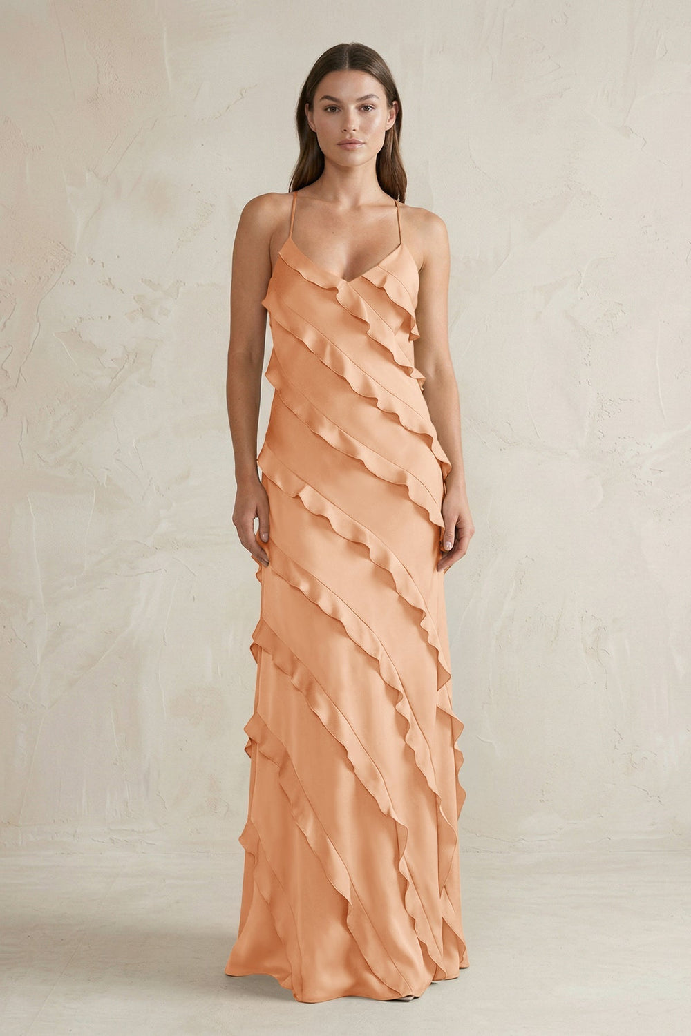 Spaghetti Straps Sheath Stain Ruffled Bridesmaid Dress in Golden Champagne