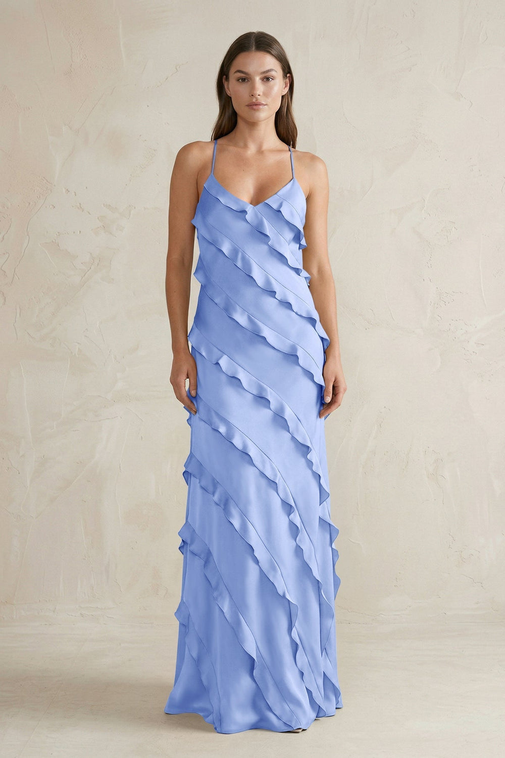 Spaghetti Straps Sheath Stain Ruffled Bridesmaid Dress in Ice