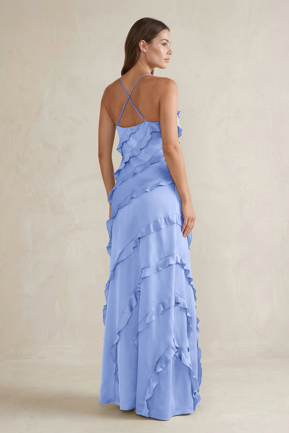 Spaghetti Straps Sheath Stain Ruffled Bridesmaid Dress in Ice