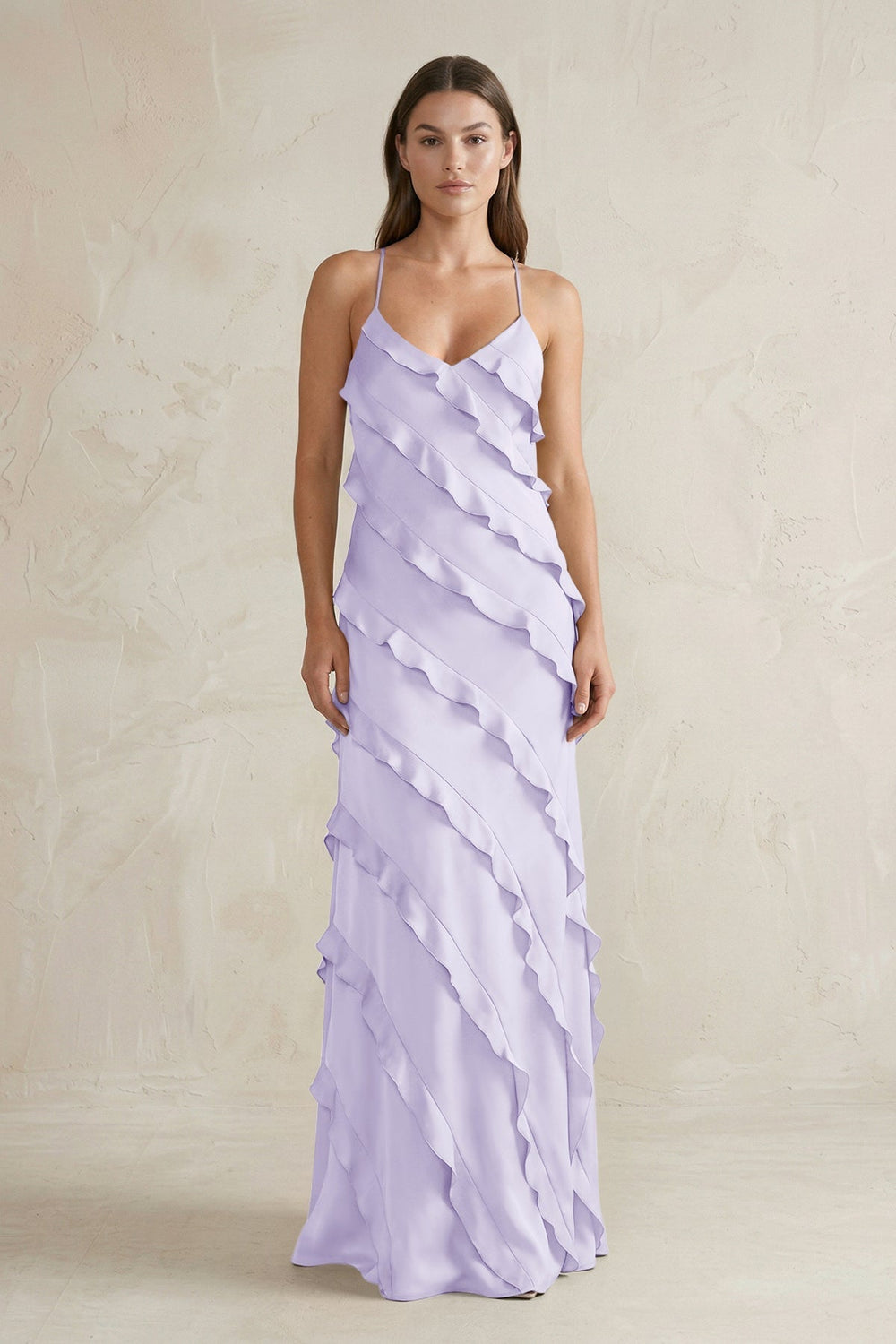 Spaghetti Straps Sheath Stain Ruffled Bridesmaid Dress in Lavender