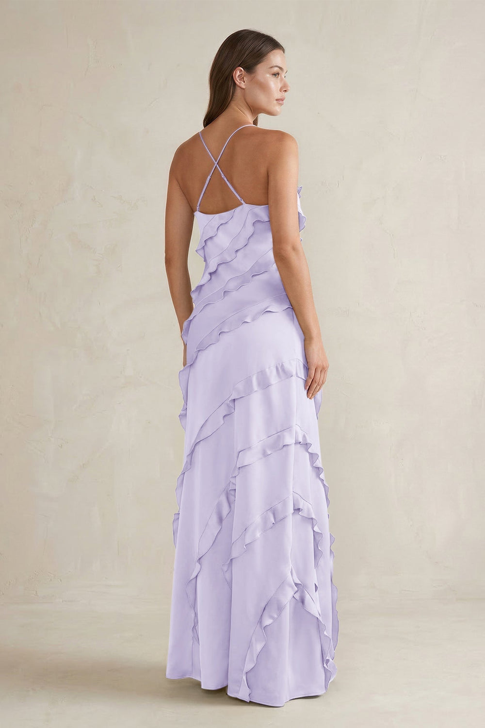 Spaghetti Straps Sheath Stain Ruffled Bridesmaid Dress in Lavender
