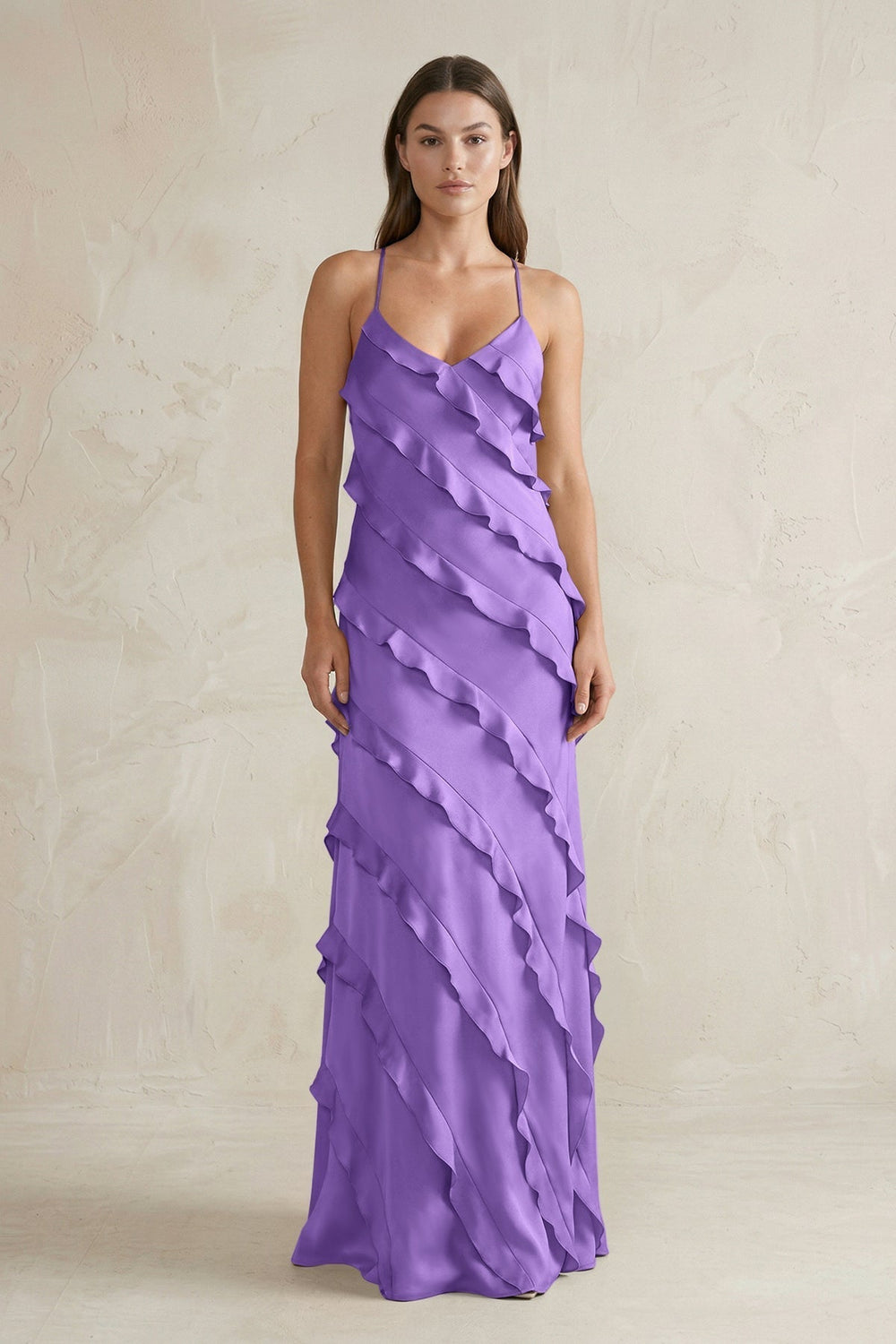 Spaghetti Straps Sheath Stain Ruffled Bridesmaid Dress in Lilac