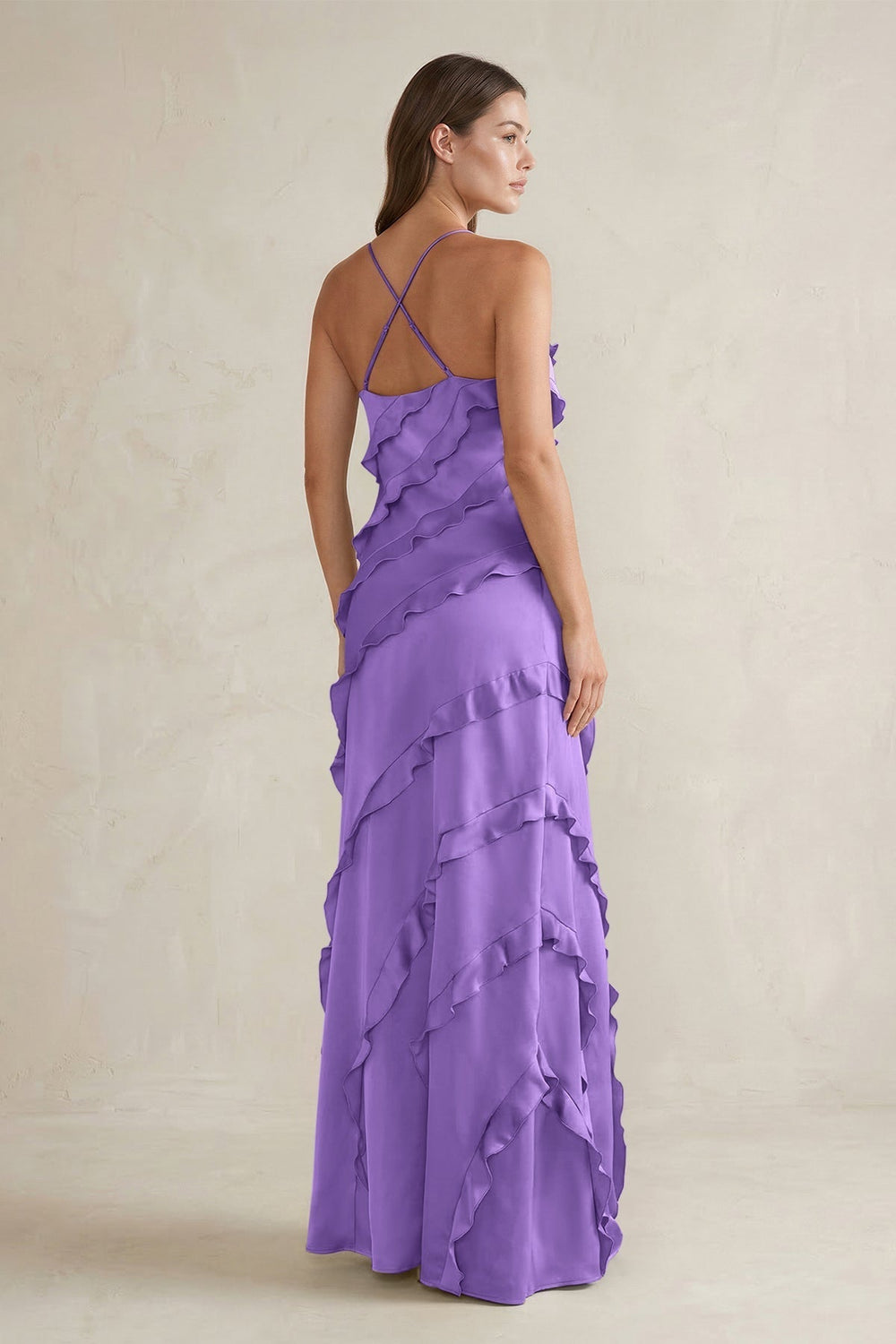Spaghetti Straps Sheath Stain Ruffled Bridesmaid Dress in Lilac