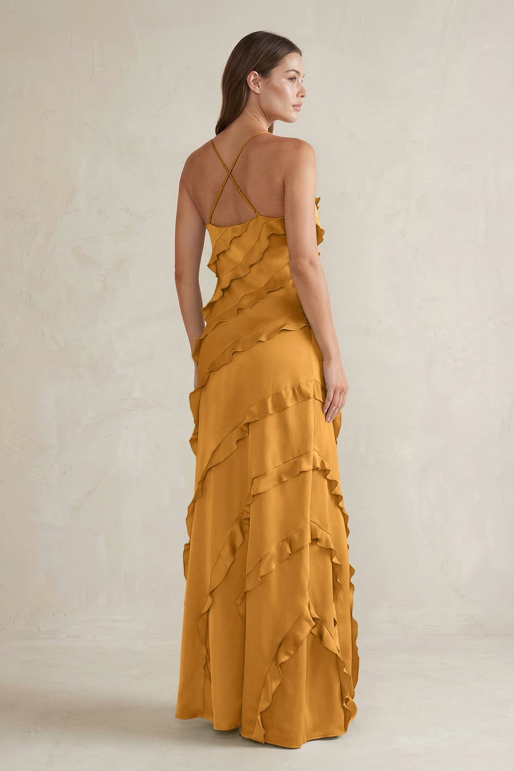 Spaghetti Straps Sheath Stain Ruffled Bridesmaid Dress in Marigold