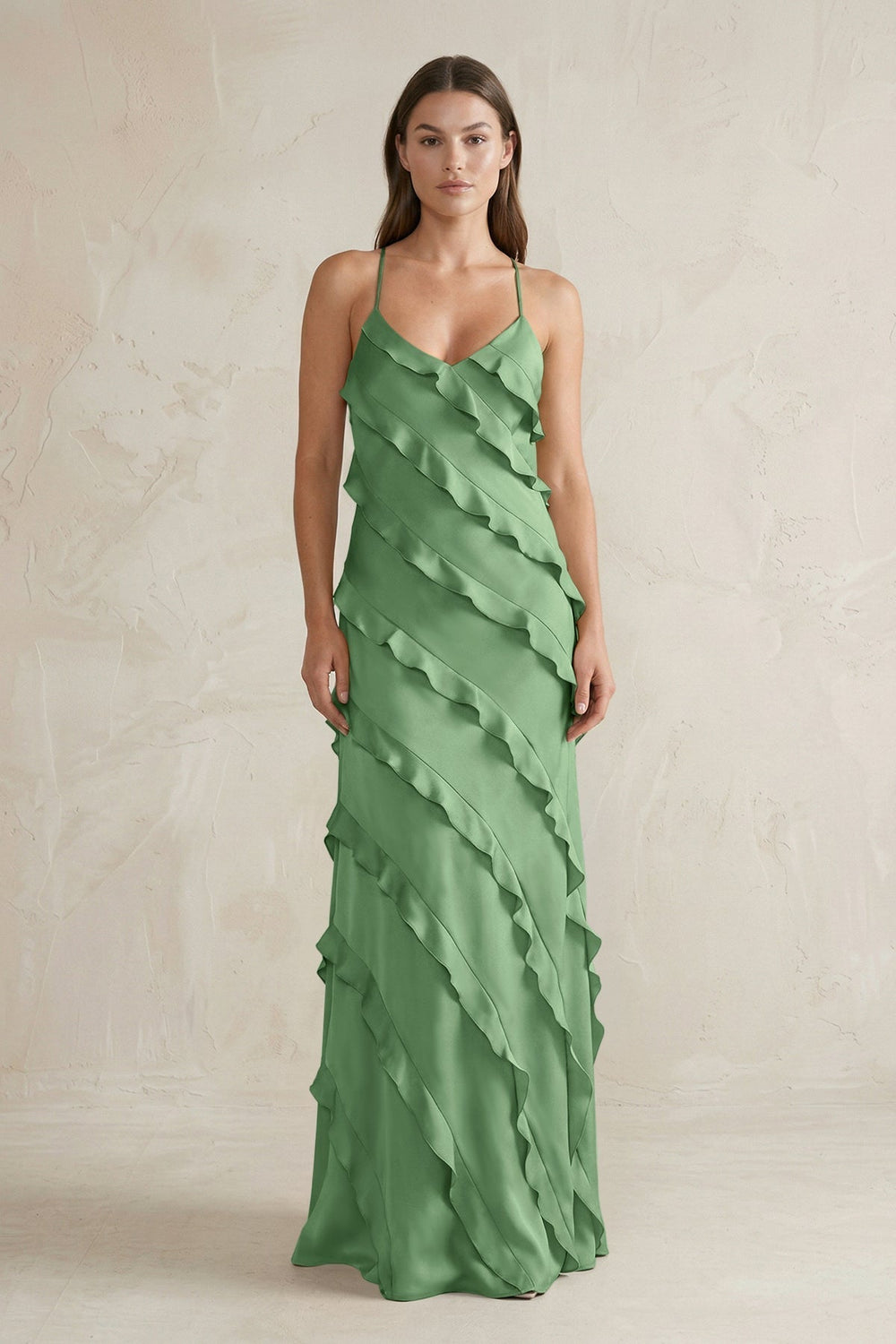 Spaghetti Straps Sheath Stain Ruffled Bridesmaid Dress in Matcha