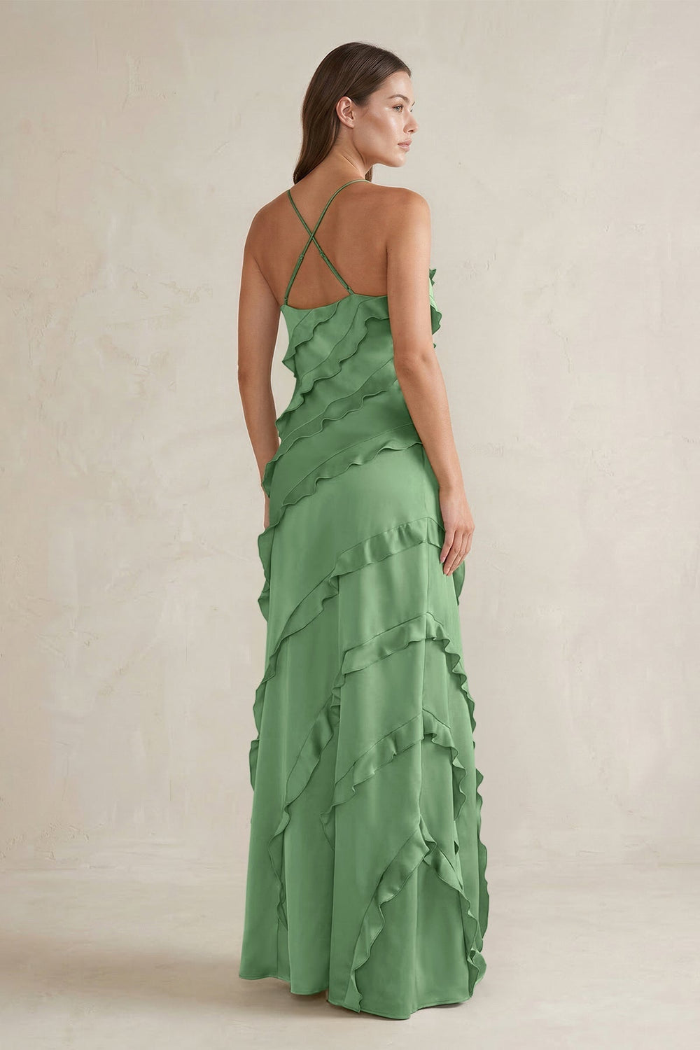 Spaghetti Straps Sheath Stain Ruffled Bridesmaid Dress in Matcha