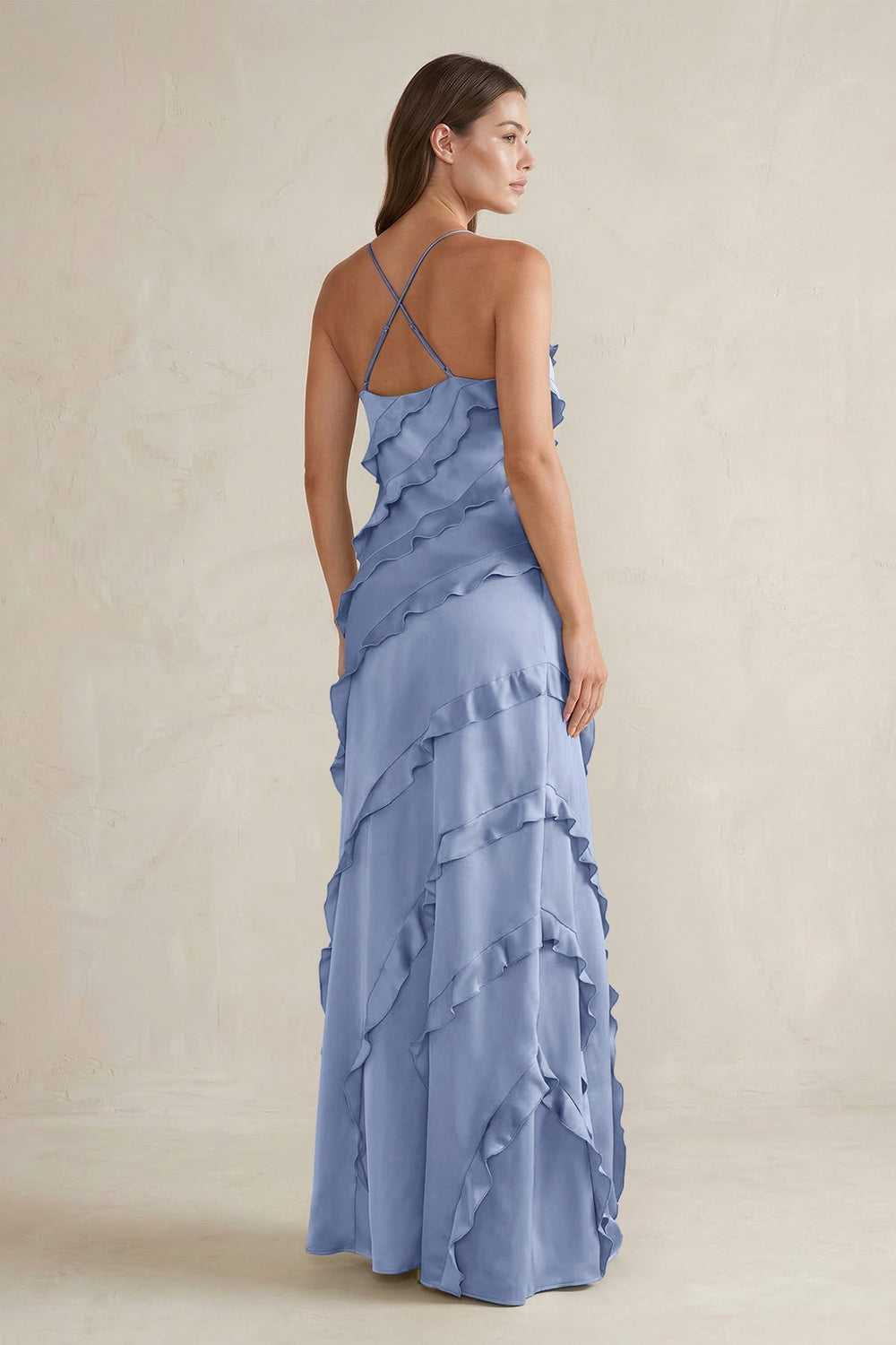 Spaghetti Straps Sheath Stain Ruffled Bridesmaid Dress in Mist