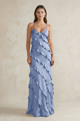 Spaghetti Straps Sheath Stain Ruffled Bridesmaid Dress in Mist - KISS BRIDAL Bridesmaid Dresses