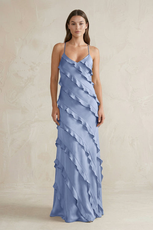 Spaghetti Straps Sheath Stain Ruffled Bridesmaid Dress in Mist - KISS BRIDAL Bridesmaid Dresses
