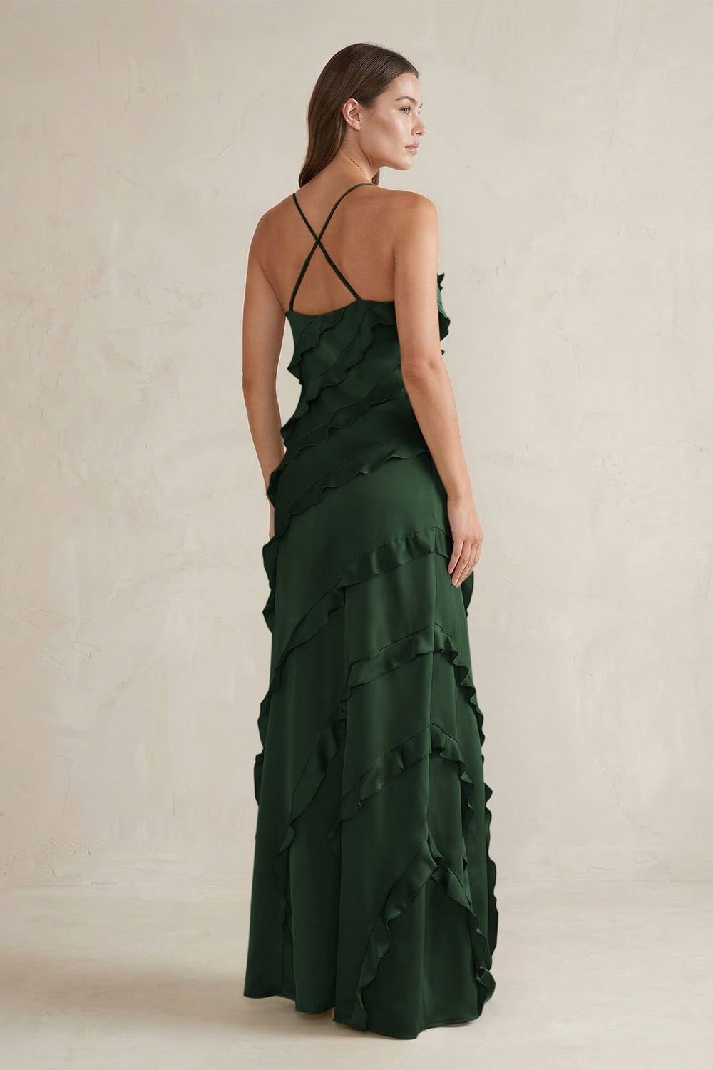 Spaghetti Straps Sheath Stain Ruffled Bridesmaid Dress in Moss
