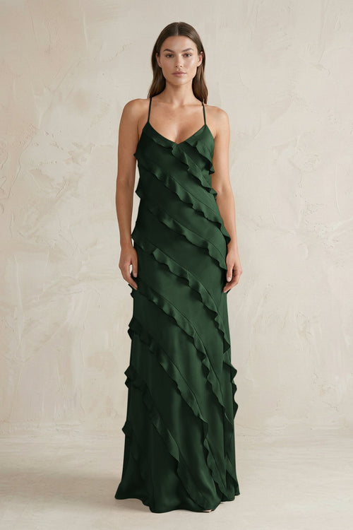 Spaghetti Straps Sheath Stain Ruffled Bridesmaid Dress in Moss - KISS BRIDAL Bridesmaid Dresses
