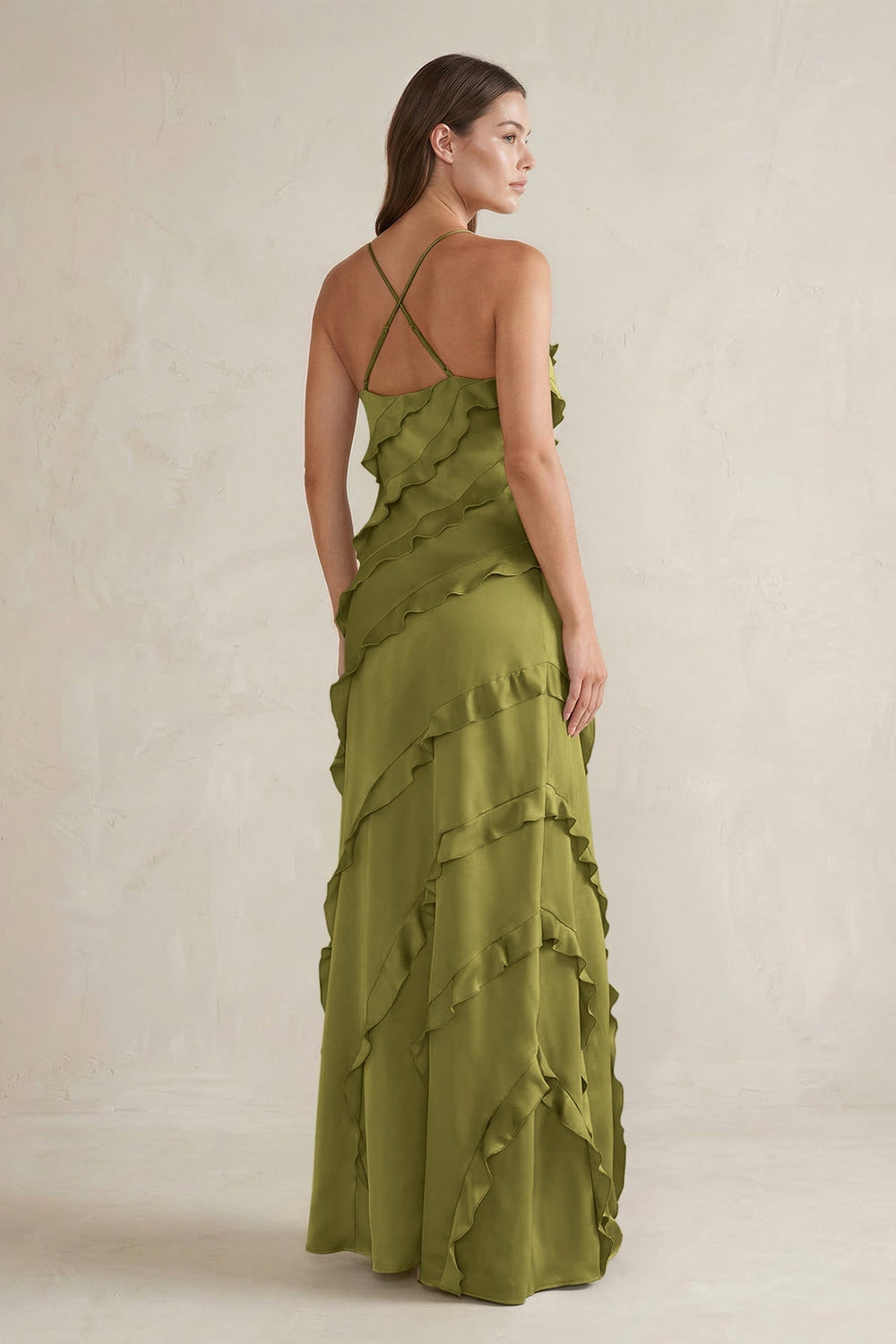 Spaghetti Straps Sheath Stain Ruffled Bridesmaid Dress in Moss Green
