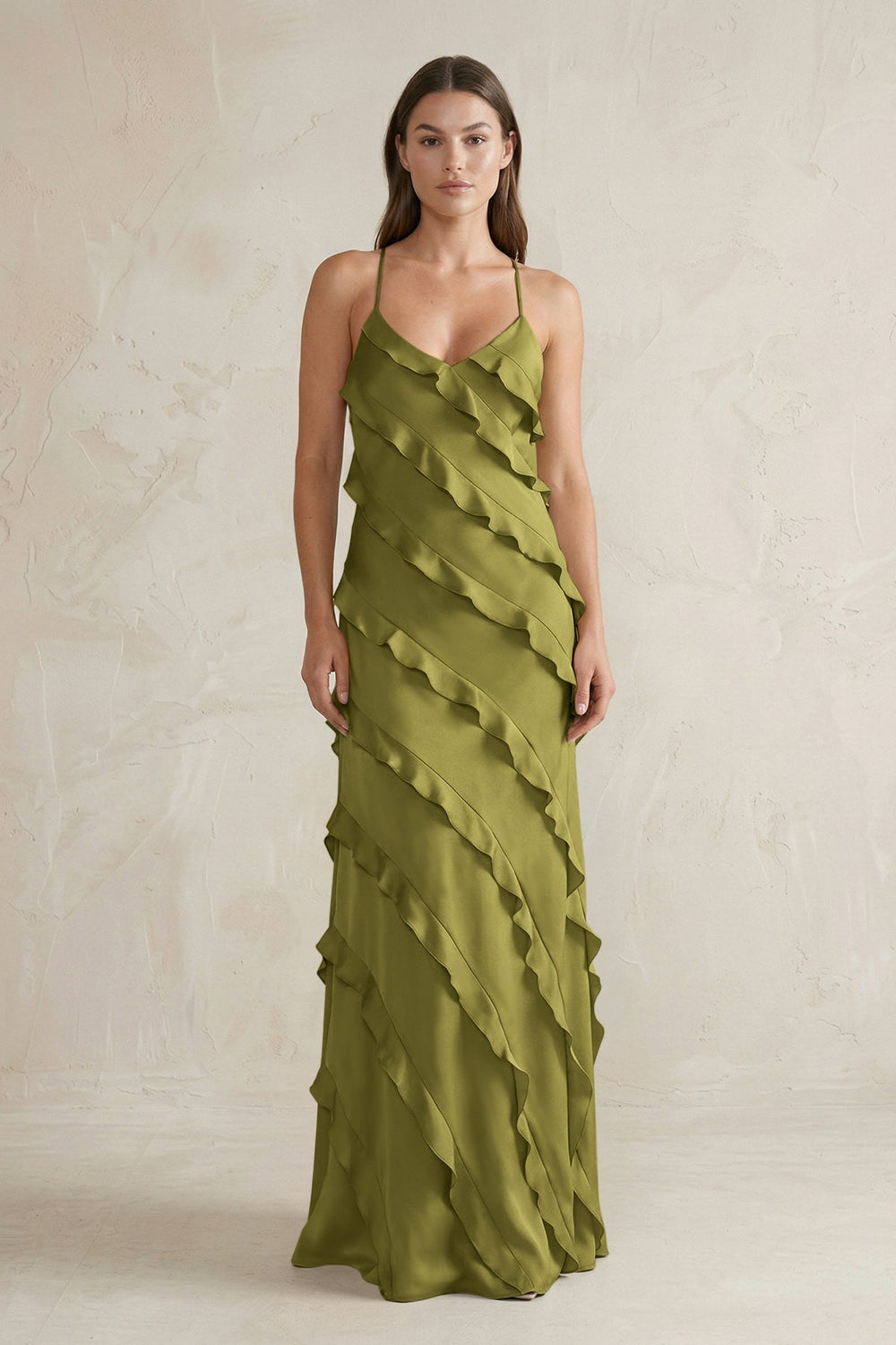 Spaghetti Straps Sheath Stain Ruffled Bridesmaid Dress in Moss Green