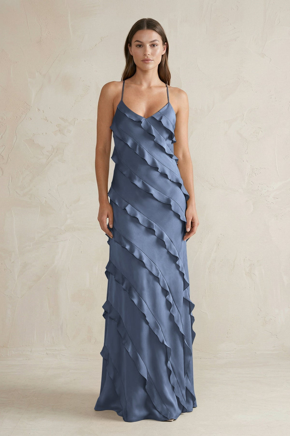 Spaghetti Straps Sheath Stain Ruffled Bridesmaid Dress in Neptune